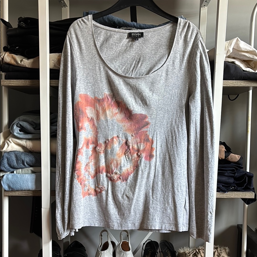 Escada Sport Gray Longsleeve with Beaded Orange/Pink Graphic